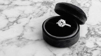A sparkling diamond engagement ring in a velvet jewelry box placed on a marble surface