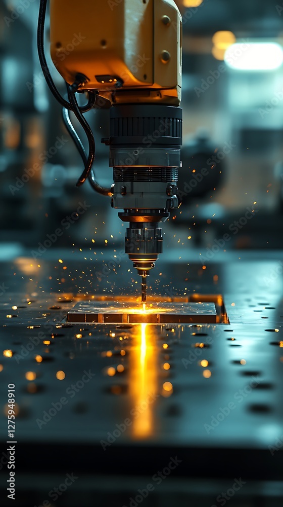 Poster Robotic laser cutting in action, creating sparks on metal surface in a workshop setting.