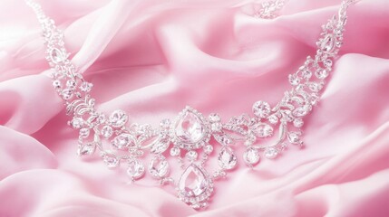 Fototapeta premium A sparkling silver fashion necklace with intricate detailing on a soft pink background