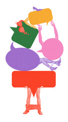 Speech bubbles pile on top of a person with exposed legs, symbolizing chaotic dialogue, unfiltered thoughts, and tension in communication. Concept of communication, social media. Abstract art
