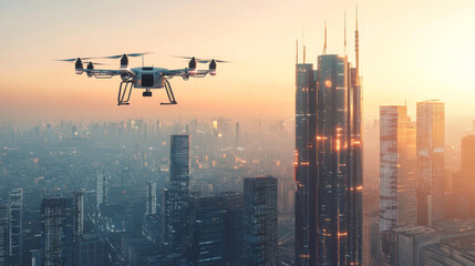 Smart city future logistic isometric landing page. Drone delivery cargo on conveyor belt at modern neon buildings. Goods transportation service, export, import trade 3d vector illustration, web banner