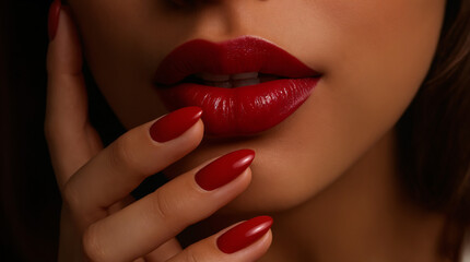 Naklejka premium Red Lips and Nails Sensual Glamour Close-up