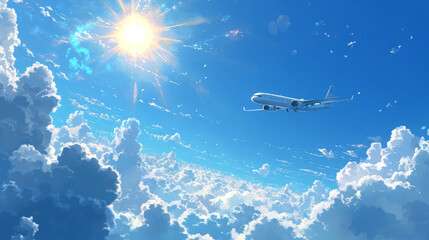 Fototapeta premium Plane fly in sky above white fluffy clouds and sun. Concept of passenger aircraft flight, travel, commercial aviation. Vector cartoon illustration of flying big airplane on sunny sky background