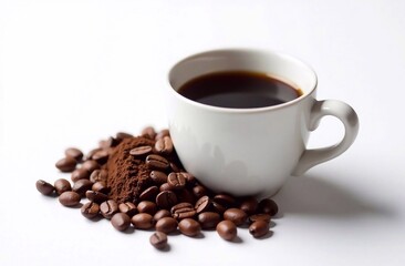 Fototapeta premium A cup of espresso coffee, next to a handful of coffee beans and ground coffee on a white background