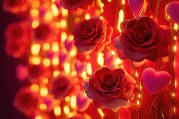 A beautiful arrangement of red roses suspended from a string of twinkling lights, great for romantic occasions or special events