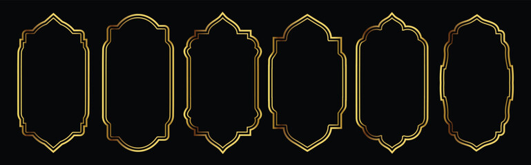 Set of luxury arabic golden frames decoration. islamic arch windows oriental shapes in retro style.vector illustration