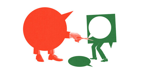 Large red speech bubble figure cuts smaller green speech bubble, symbolizing censorship, silencing, control in communication. Concept of communication, diversity of opinion. Abstract art