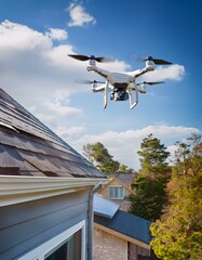 ドローンが家の屋根上空でホバリングし、点検している