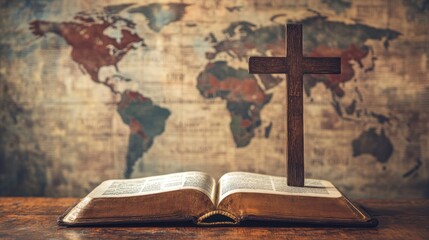 Wooden cross standing on an open bible with a world map in the background.