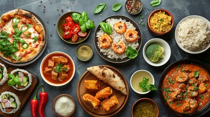 Delicious assortment of global dishes featuring pizza, pasta, sushi, and flavorful curry