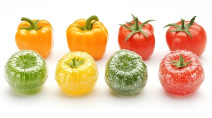 Fototapeta premium Colorful assortment of fresh bell peppers and tomatoes arranged artistically on a white background