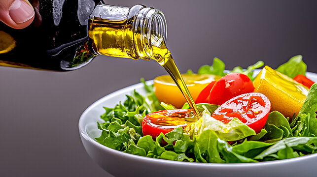 Pouring Olive Oil Over Fresh Salad Ingredients Featuring Tomatoes and Greens in a White Bowl