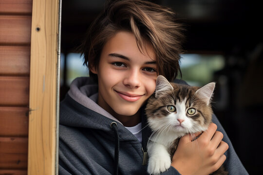 Generative AI image of happy young boy hugging cute white grey persian cat