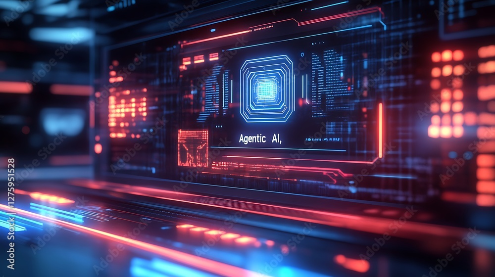 Poster futuristic digital interface with glowing blue and red elements.