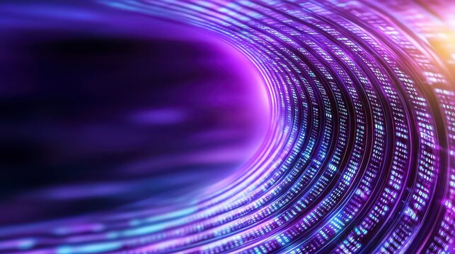 Abstract tunnel of binary code with a purple technology background creating a digital atmosphere