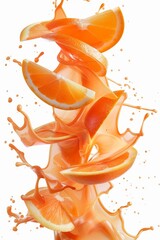 Juicy orange slices are captured mid-air, creating a dynamic splash of citrus juice. The bright colors and fluid motion showcase freshness and appeal, perfect for any food-related promotion