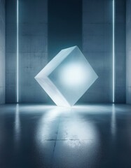 未来的なSF風のグランジコンクリート反射ルームと巨大な回転キューブ