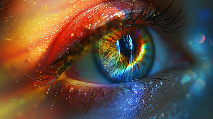 Volumetric 3D Iris Animation Concept: Colorful Iris Radiates from Bright Binary Circle with Sparkling Rainbow Lines, Forming Human Eye Iris and Pupil in Advanced 4K Rendering