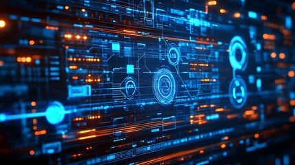 Futuristic digital interface with glowing blue and orange circuits and data patterns.