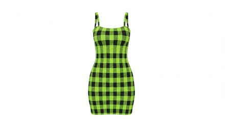 Lime Green and Black Gingham Check Mini Dress Sleeveless Summer Fashion Apparel