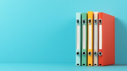 Obraz premium Organized Office, Colorful Ring Binders Standing in a Row Against a Blue Background for File Management