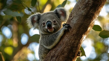 Fototapeta premium Curious Koala Climbing a Tree in Natural Habitat During Daylight