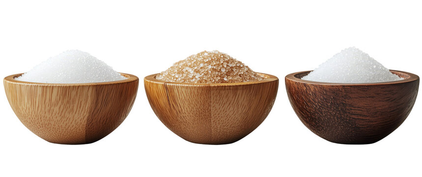 Sugar Selection: An inviting image of three wooden bowls, each filled with a different type of sugar: granulated, raw, and powdered, highlighting the diversity of sweeteners.