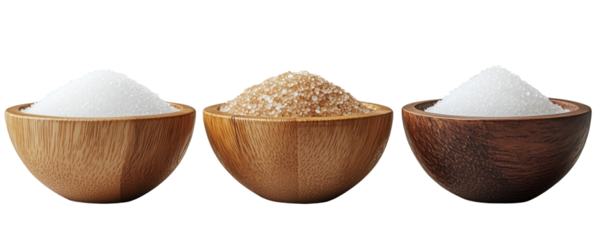 Sugar Selection: An inviting image of three wooden bowls, each filled with a different type of sugar: granulated, raw, and powdered, highlighting the diversity of sweeteners.