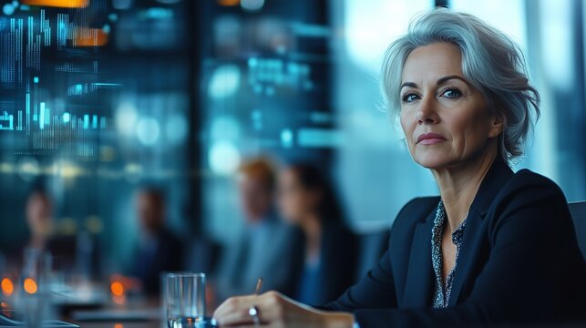 Woman sitting at conference table. Business meeting with middle aged people. Woman in a modern boardroom with a computer. A woman seated at a meeting lifestyle table.