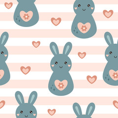 Groovy bunny seamless pattern. Retro Easter bunny pattern. Easter digital paper. Hand drawn vector pattern in flat style