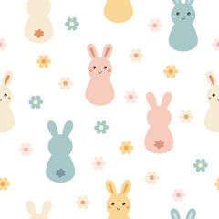 Groovy bunny seamless pattern. Retro Easter bunny pattern. Easter digital paper. Hand drawn vector pattern in flat style