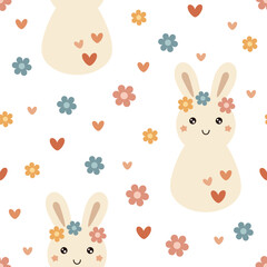 Groovy bunny seamless pattern. Retro Easter bunny pattern. Easter digital paper. Hand drawn vector pattern in flat style