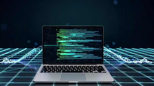 Futuristic laptop with glowing code on screen, digital data streams and sparkling blue background, representing technology and programming advancements