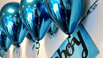Celebration of a baby boy announcement with blue balloons and decoration