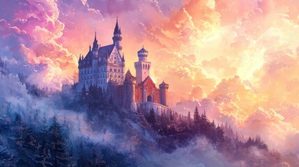 Enchanted Castle Sunset  Pink and Orange Sky Over Hilltop Fortress