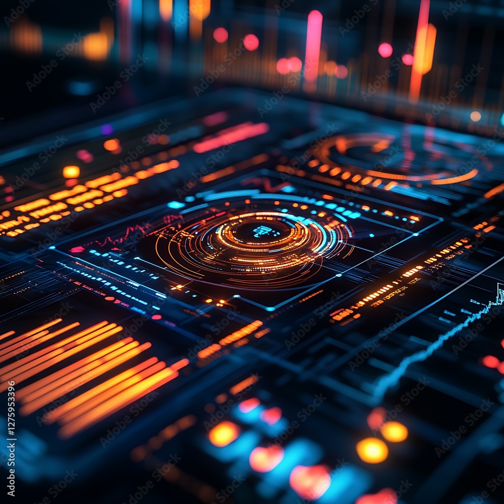 Aufkleber Futuristic data visualization with vibrant neon colors and complex patterns.
