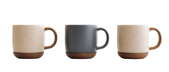 Three Ceramic Mugs on Display: A trio of stylish ceramic mugs, each with a unique color and design, are presented. The image is perfect for illustrating kitchenware, beverages, and everyday lifestyle.