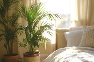 A potted plant sits on the edge of a bed, illuminated by natural light streaming in through the window