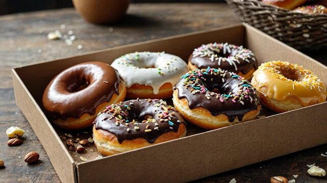 Video footage of box of assorted donuts with various toppings, including chocolate, white icing, and sprinkles, arranged on a wooden table
