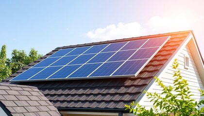 Fototapeta premium Solar panel technician with drill installing solar panels, black solar panels on the roof against a sunny sky Close up of new house with black solar panels 