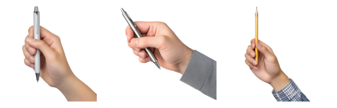 Hands Holding Different Writing Instruments Close Up Isolated on transparent background