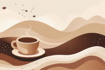  Steaming coffee cup on saucer, abstract brown waves background. Perfect for coffee shop menus, cafe promotions, or beverage-themed designs. © At My Hat
