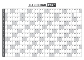 Horizontal black and white 70x50 modern classic calendar 2026. Calendar planner template. Desk or wall calendar in minimalist style