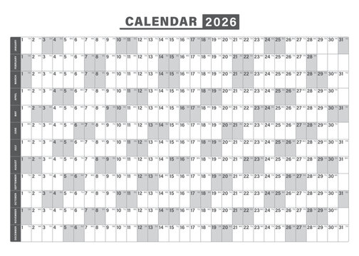 Horizontal black and white 70x50 modern classic calendar 2026. Calendar planner template. Desk or wall calendar in minimalist style