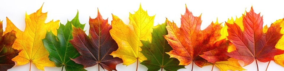 Fototapeta premium A collection of variously colored leaves arranged on a white surface