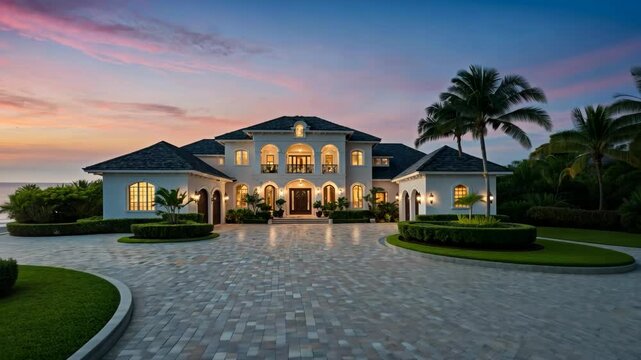 Video footage of luxurious mansion with a grand entrance, surrounded by palm trees and a well maintained driveway, set against a beautiful sunset sky