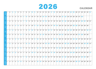 Horizontal modern classic blue calendar 2026. Calendar planner template 70x50. Desk or wall calendar in minimalist style © OWLISKO DESIGN