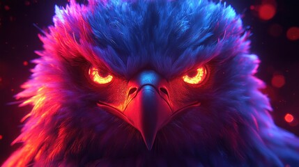 Obraz premium Fierce eagle portrait, neon glow, dark background, game asset