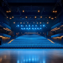 spacious concert venue with empty blue seats and stage lighting
