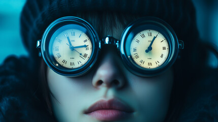 A photo where a person's calm face has digital effects of a clock ticking fast in their eyes